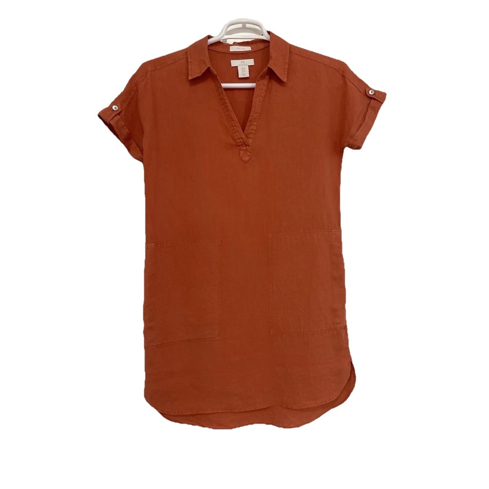 H By Halston Orange 100% Linen Lightweight Pocket Shirt Dress‎ Size-X Small
